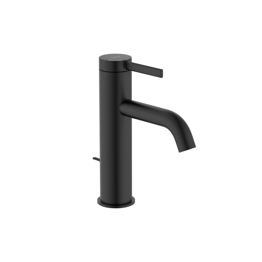 Cut out image of the Roca Ona Matt Black Basin Mixer Tap with Pop Up Waste